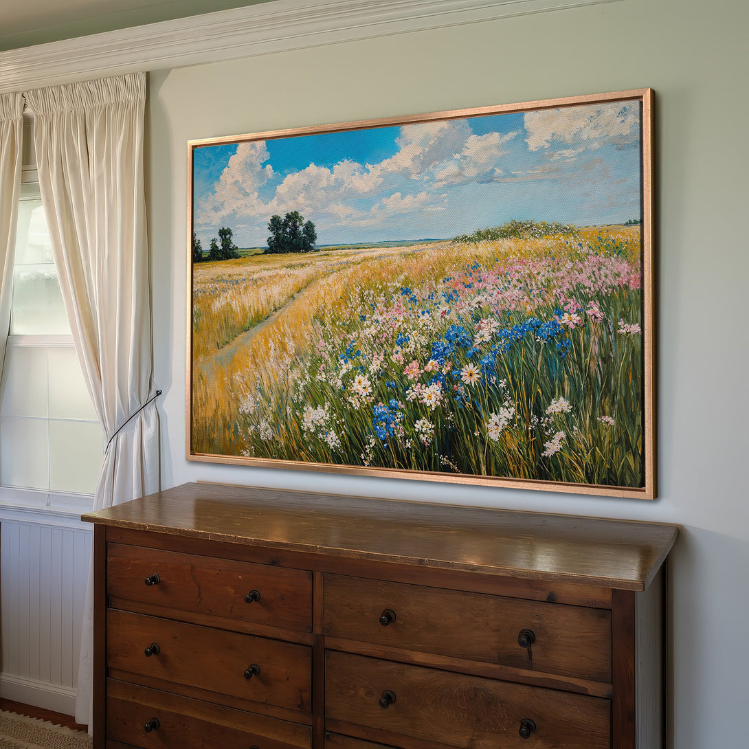 Framed Wall Art: Stunning landscape Canvas Print with colorful wildflowers & blue sky. Warm, inviting color palette perfect for home decor.
