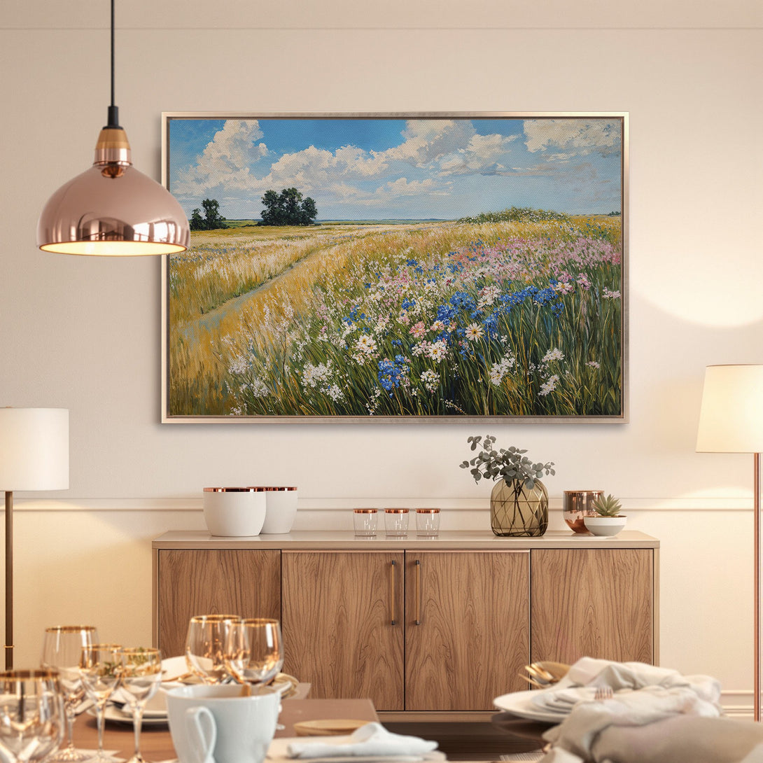 Framed Wall Art: Impressionist landscape Canvas Print with wildflowers, blue sky, and golden hues. Perfect for adding a touch of nature to your home.
