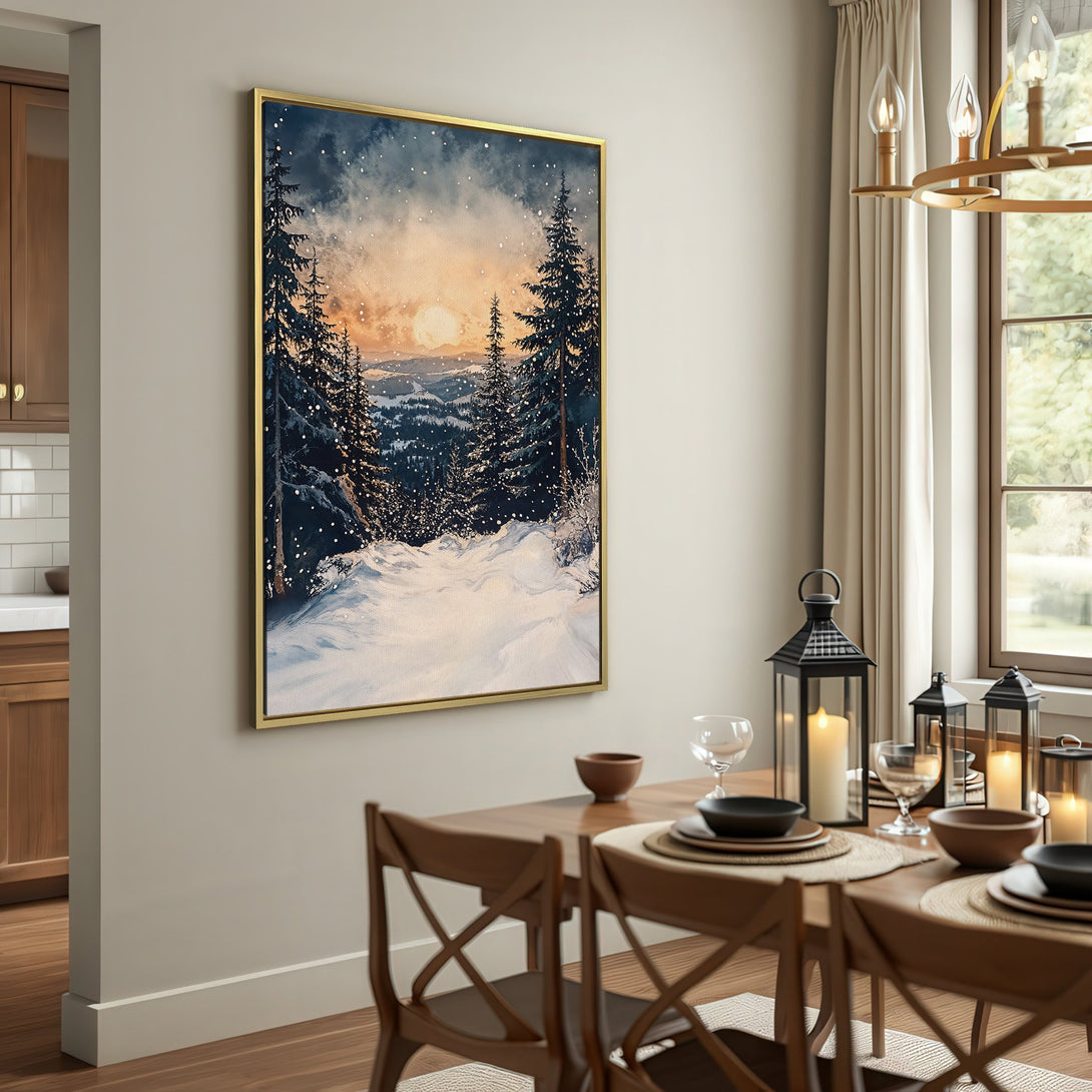 Canvas Print of a winter forest scene with a warm, sunset color palette. Perfect for adding a cozy touch to your home decor.