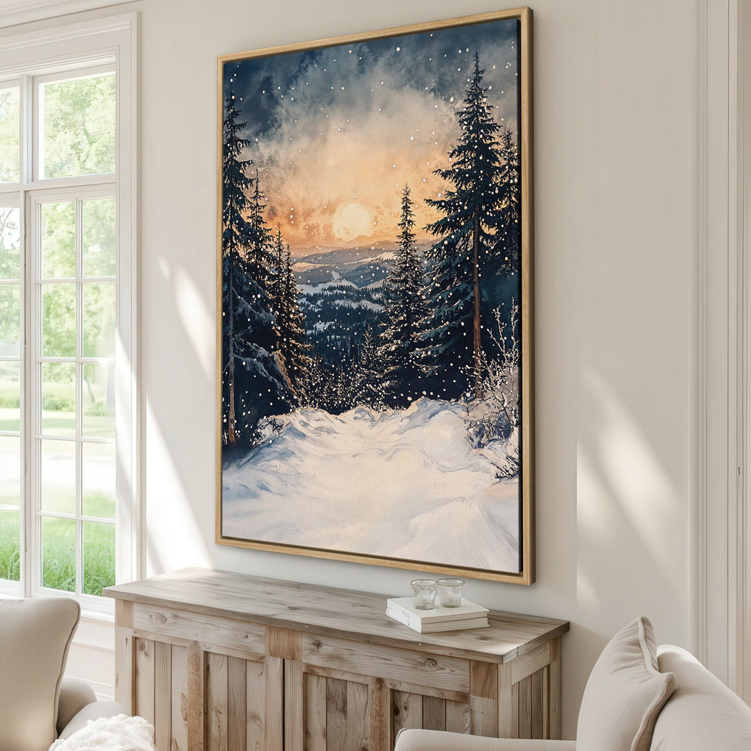 Canvas Print of a winter forest scene in a watercolor style. Features a snowy landscape with a warm sunset color palette.