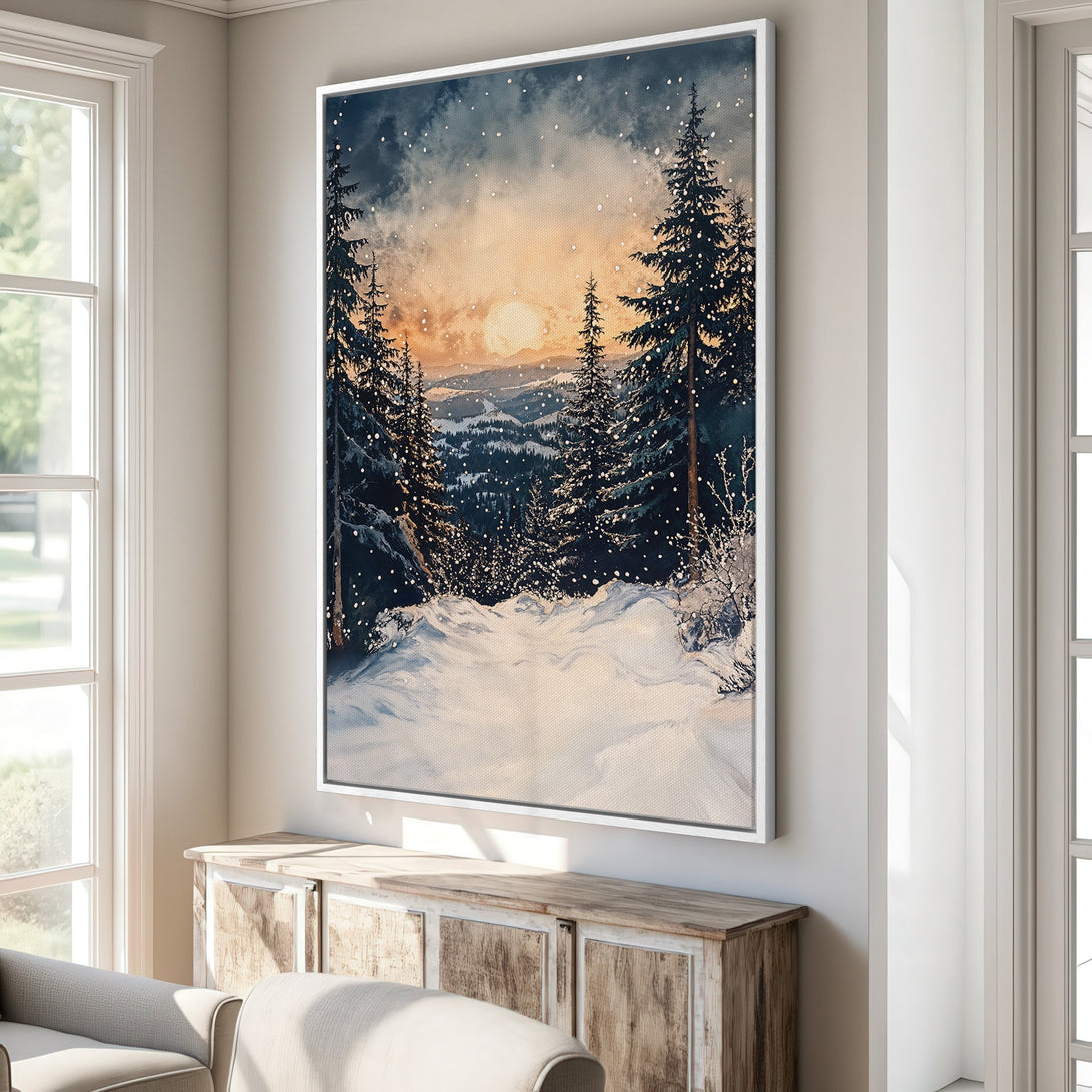 Framed Wall Art: Winter landscape canvas print with snowy trees and sunset, in a warm, inviting color palette. Perfect for cozy home decor.