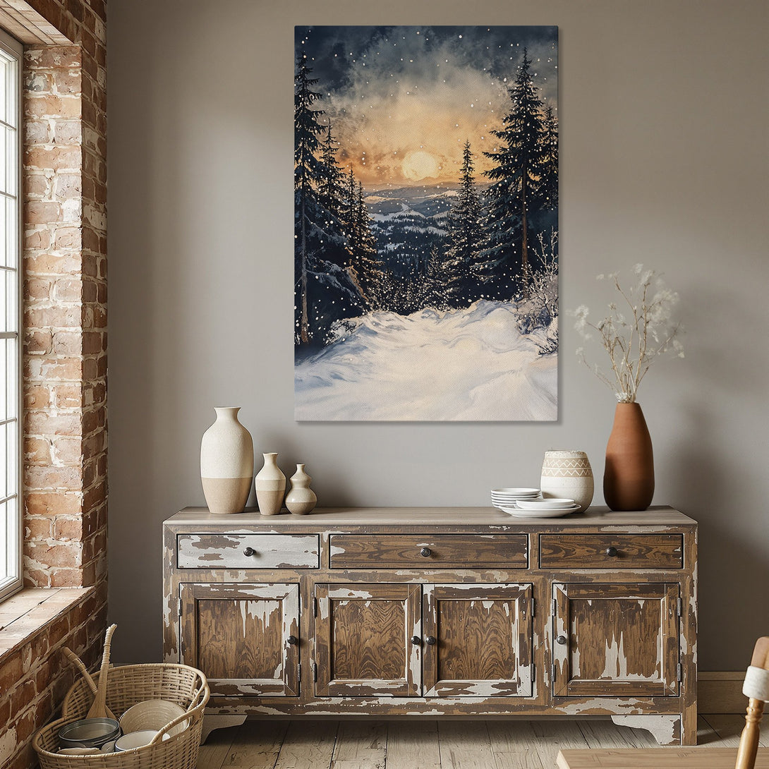 Framed Wall Art: Winter landscape Canvas Print with snowy forest scene in blue, gold, and white tones. Perfect for cozy home decor.
