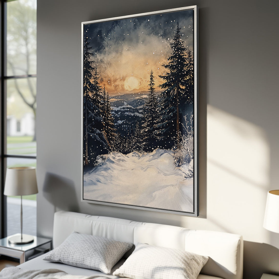 Framed Wall Art: Winter forest scene Canvas Print in watercolor style. Features snowy landscape with a warm sunset color palette. Perfect for cozy decor!