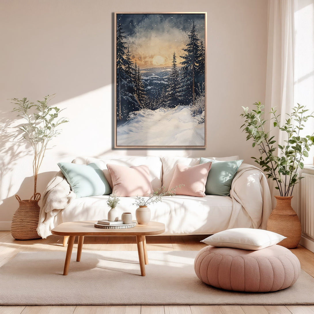 Framed Wall Art of a winter forest scene in watercolor style, featuring a warm sunset and cool blue/gray tones. Perfect for adding a cozy touch to your home.