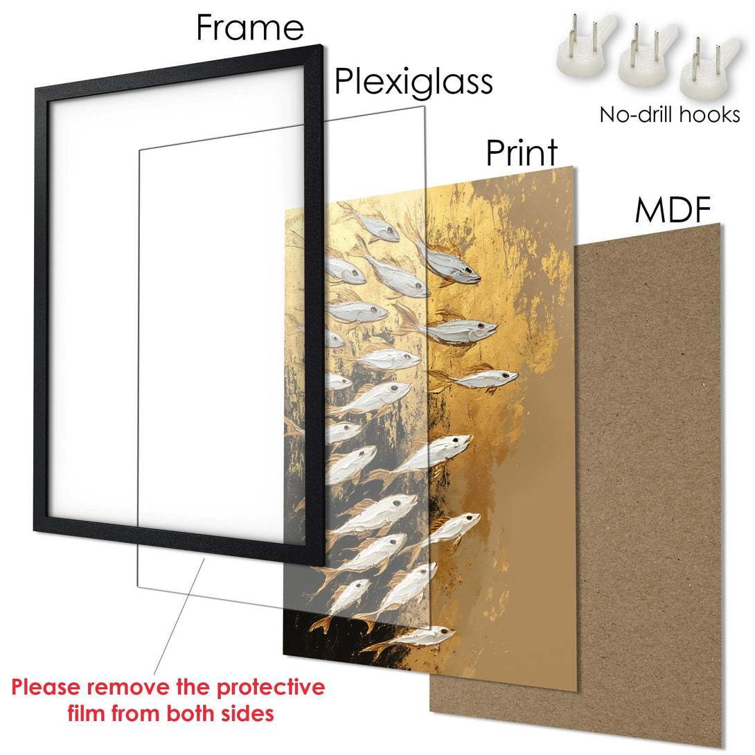 Framed Poster featuring an abstract fish design in gold and white tones. Modern art style, perfect for any space.