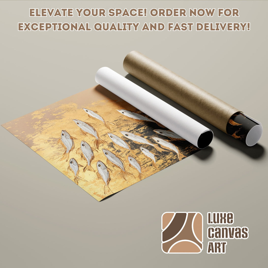 Fish art Poster Roll in gold and neutral tones. Elevate your space with Luxe Canvas Art!