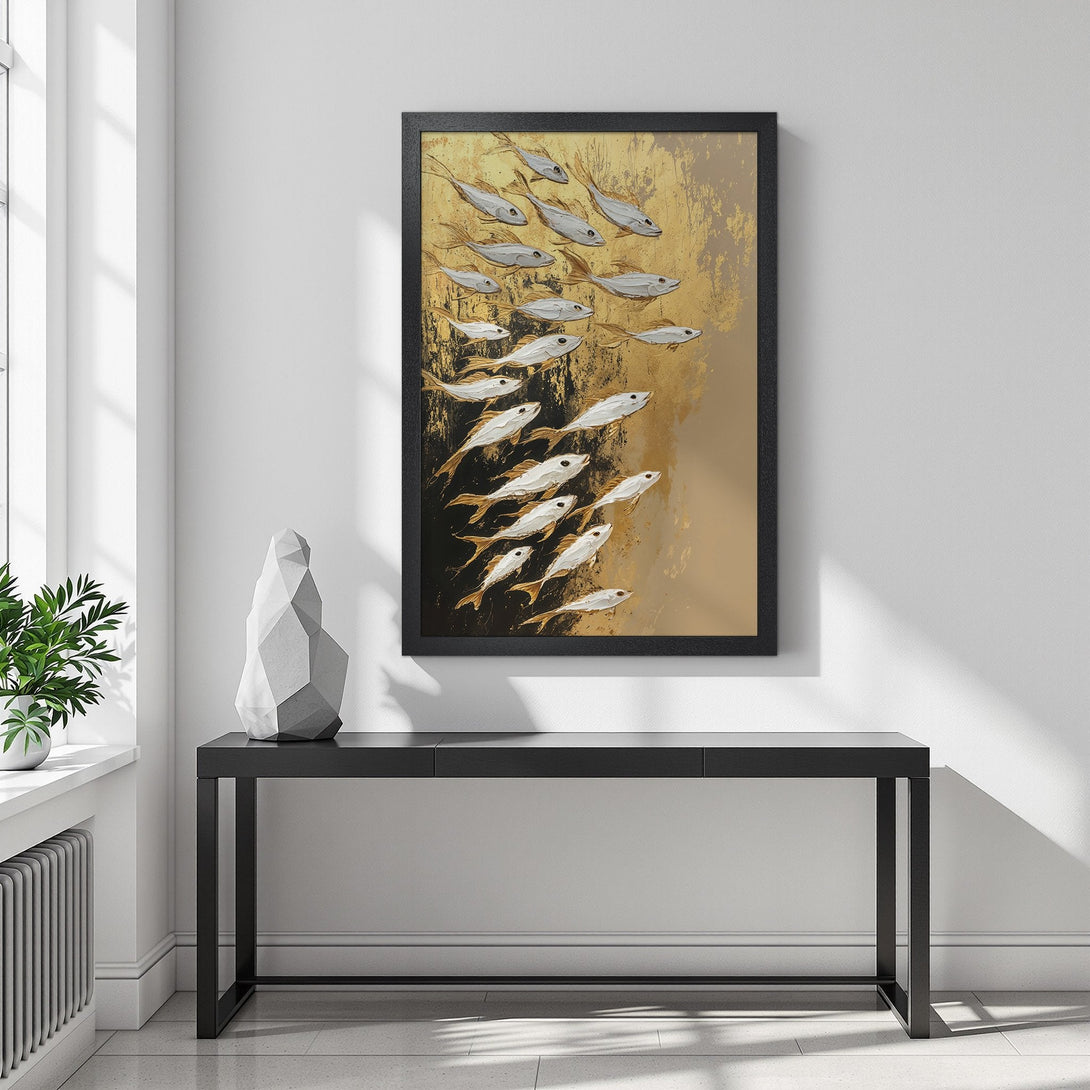 Framed Poster featuring a school of fish in gold, white, and black. Modern art style, perfect for home decor.