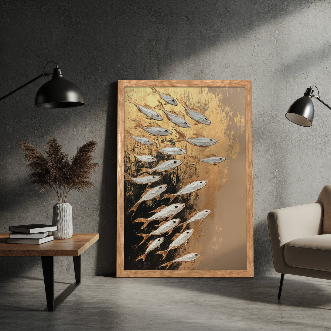 Framed Poster featuring an abstract painting of fish in neutral tones. Modern art for home decor.