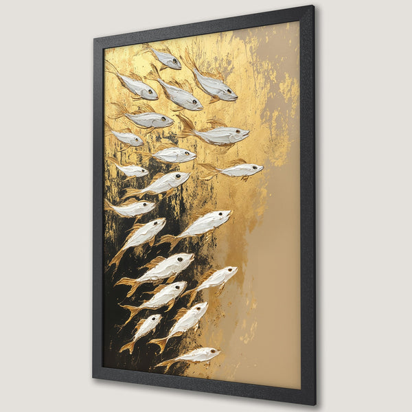 Framed Poster featuring a school of fish in a textured, gold and white abstract style. Elegant wall art for a modern home.