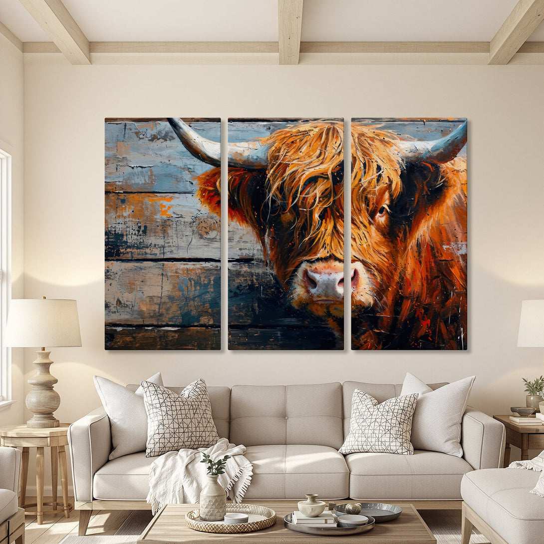 Canvas Print of a Highland Cow in a rustic, textured style. Warm orange and blue tones. Perfect for farmhouse decor.