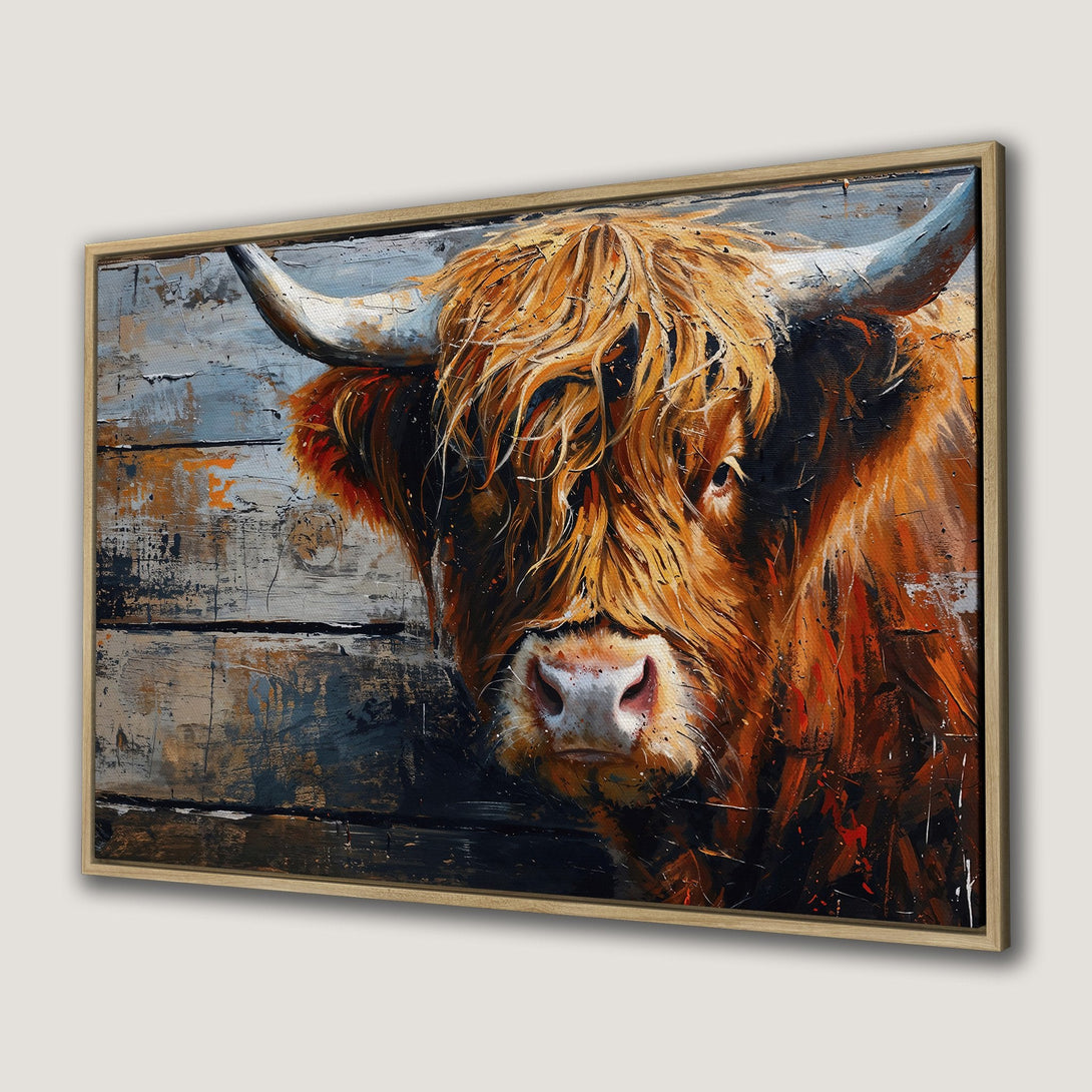 Framed Wall Art: Stunning oil painting of a Highland cow. Rustic style with warm orange, brown, and blue tones. Perfect for farmhouse decor.