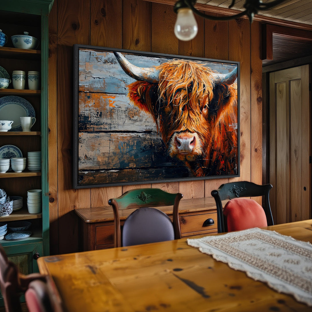 Framed Wall Art: Highland cow painting in rustic style. Warm orange and brown tones create a cozy, inviting atmosphere. Perfect for farmhouse decor.