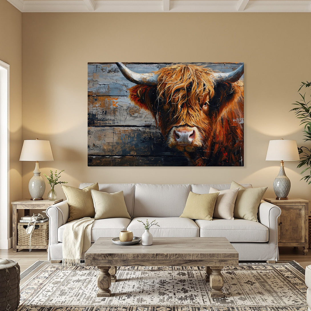 Framed Wall Art: Impressive Highland cow portrait in warm orange and blue tones. Rustic style Canvas Print adds character to any room. Shop now!