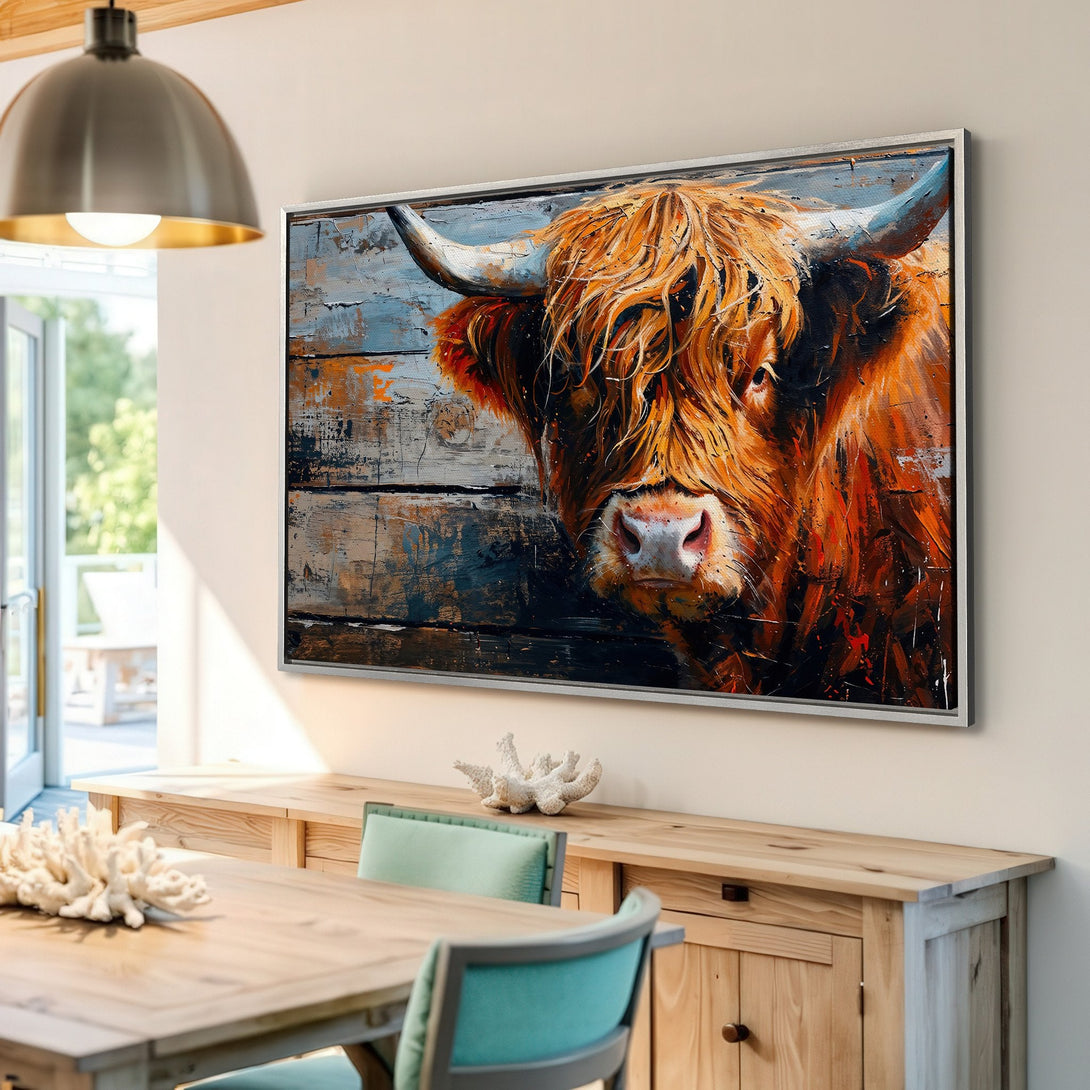 Framed Wall Art: Highland cow painting in warm orange & blue tones. Rustic style canvas print for farmhouse decor.