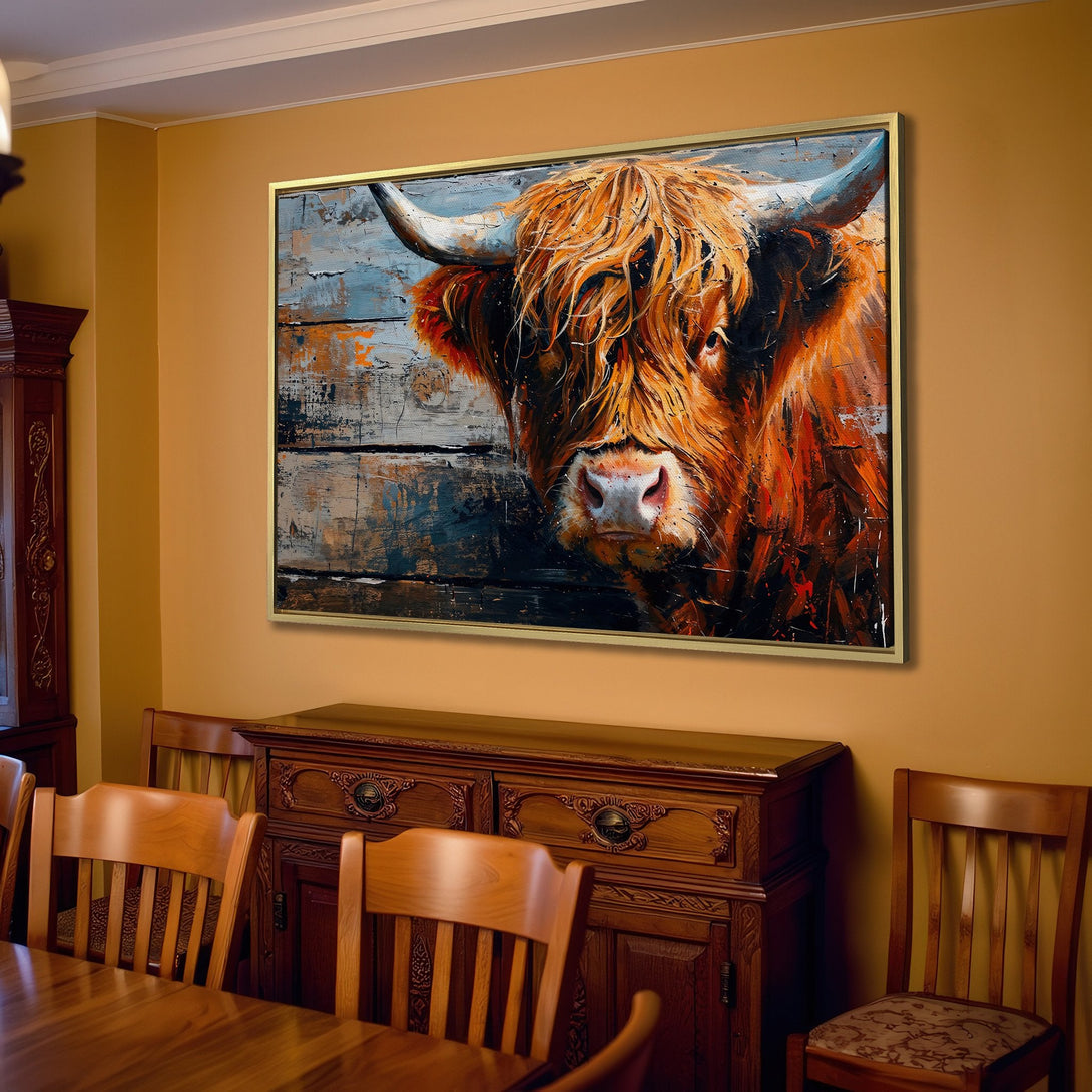 Canvas Print of a Highland cow in warm orange and blue tones, rustic style, perfect for adding a touch of nature to your home decor.