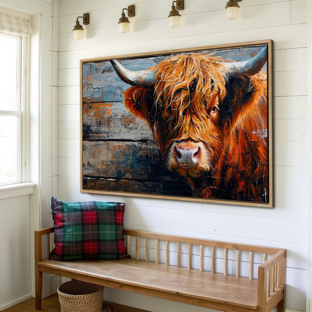 Framed Wall Art: Highland cow painting in warm orange and blue tones. Rustic style Canvas Print adds a touch of farmhouse charm to any space.