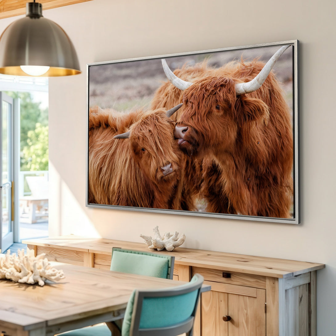 Framed Wall Art featuring Highland cows in warm brown tones, perfect for adding rustic charm to your home decor.