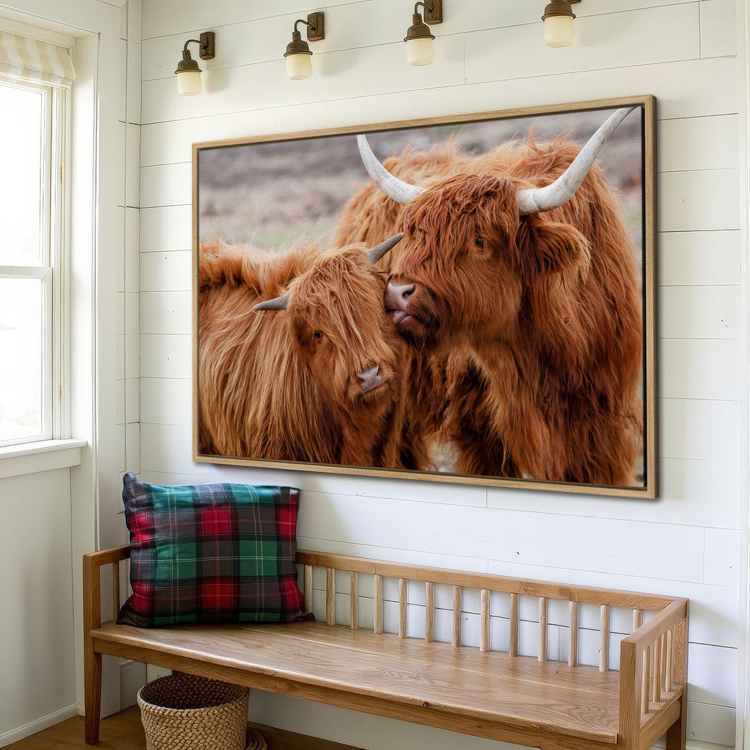 Framed Wall Art featuring Highland cows in warm brown tones. Rustic style canvas print adds cozy charm to any space. Shop now!