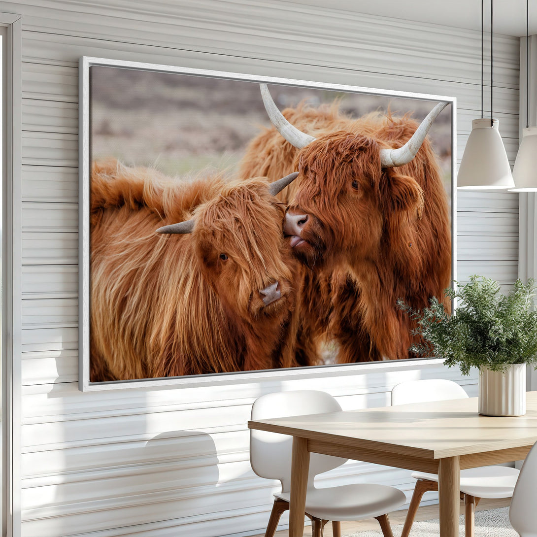Framed Wall Art featuring Highland cows in warm brown tones. Rustic animal art perfect for adding a touch of nature to your home decor.