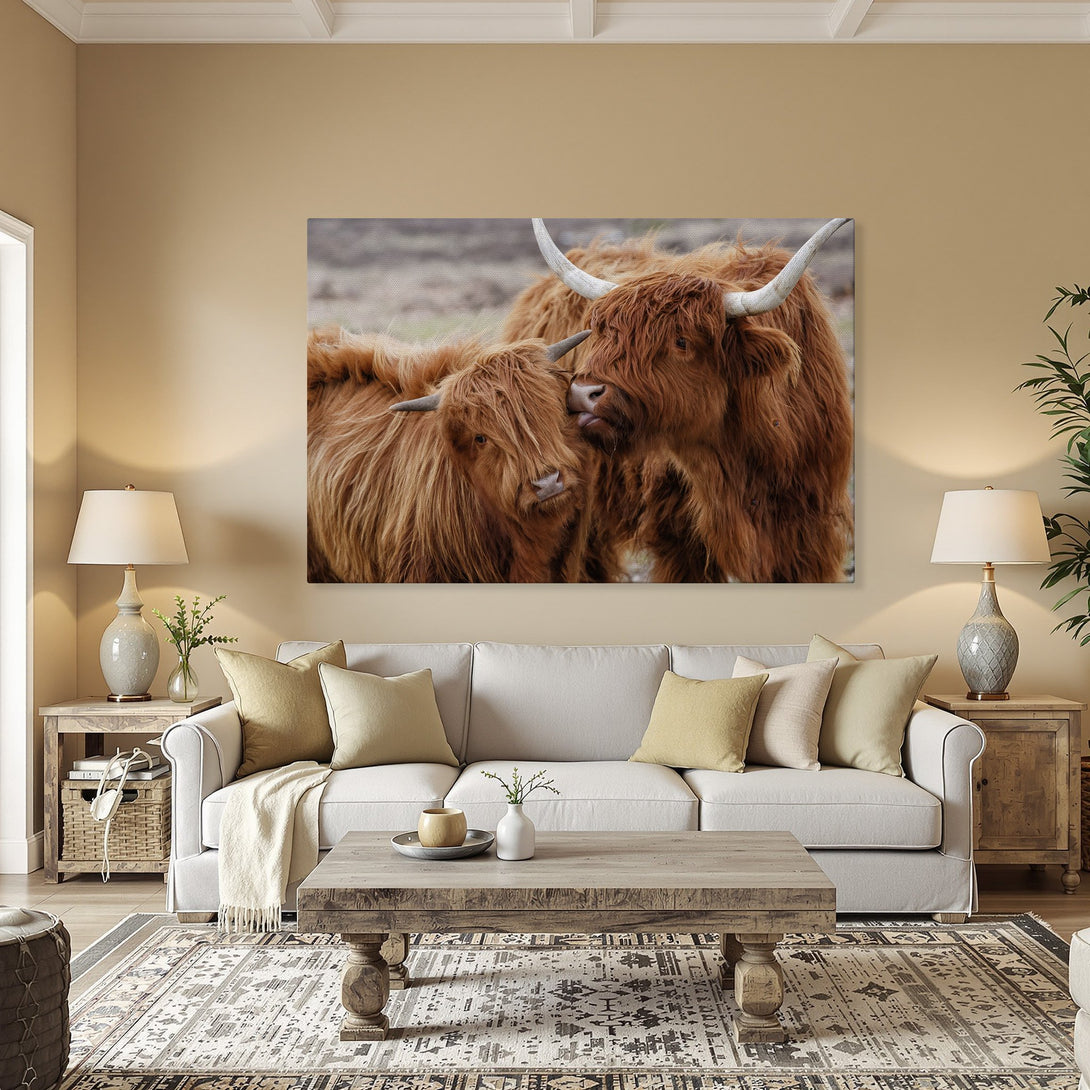 Framed Wall Art: Highland cows canvas print with warm brown tones, adding rustic charm to any interior. Perfect for farmhouse decor!