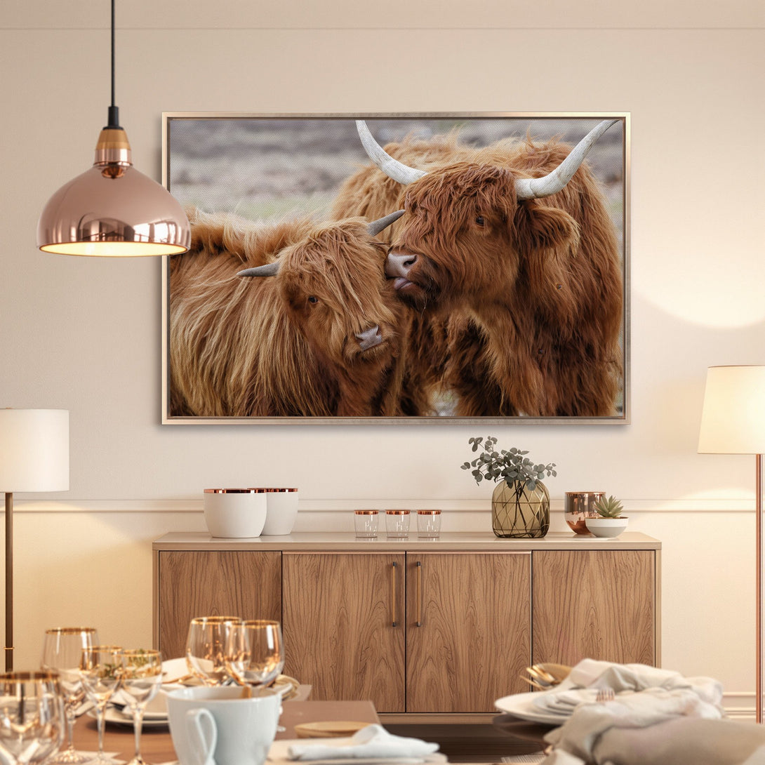Framed Wall Art: Highland cows in warm brown tones. Rustic animal art for a cozy interior. Bring nature's beauty into your home.