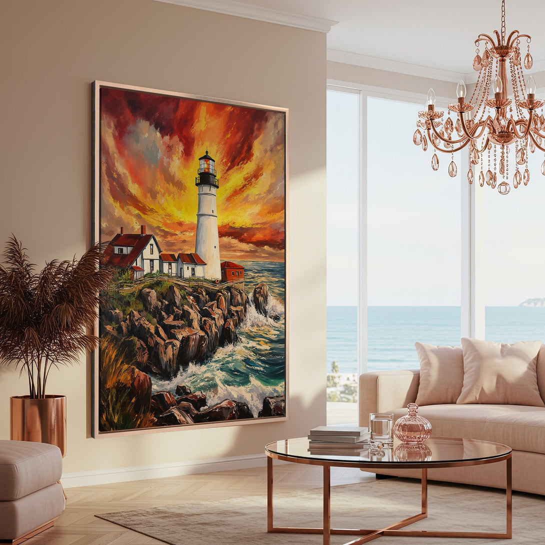 Framed Wall Art: Coastal lighthouse painting with warm sunset hues, displayed in a modern living room. Enhance your space with this stunning art piece.