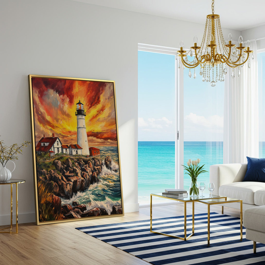 Canvas Print of a lighthouse at sunset. Coastal art with warm orange and blue tones, perfect for living room decor.