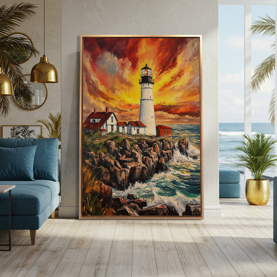 Framed Wall Art: Dramatic lighthouse painting with fiery sunset. Coastal art in warm orange, red, and blue hues. Perfect for adding a touch of art to your home.