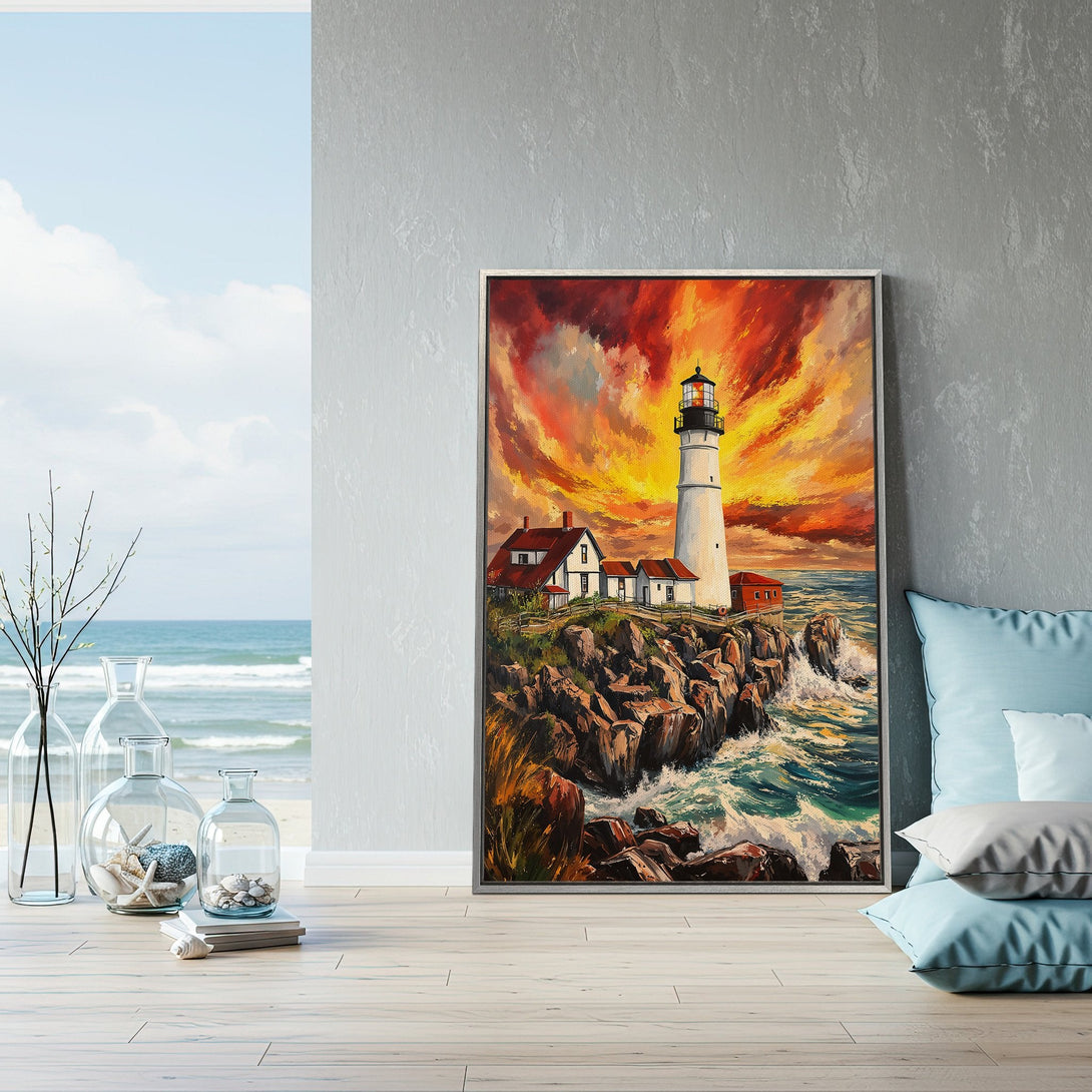 Framed Wall Art: Lighthouse painting with vibrant sunset colors. Coastal art for your home, featuring a dramatic sky and ocean waves.