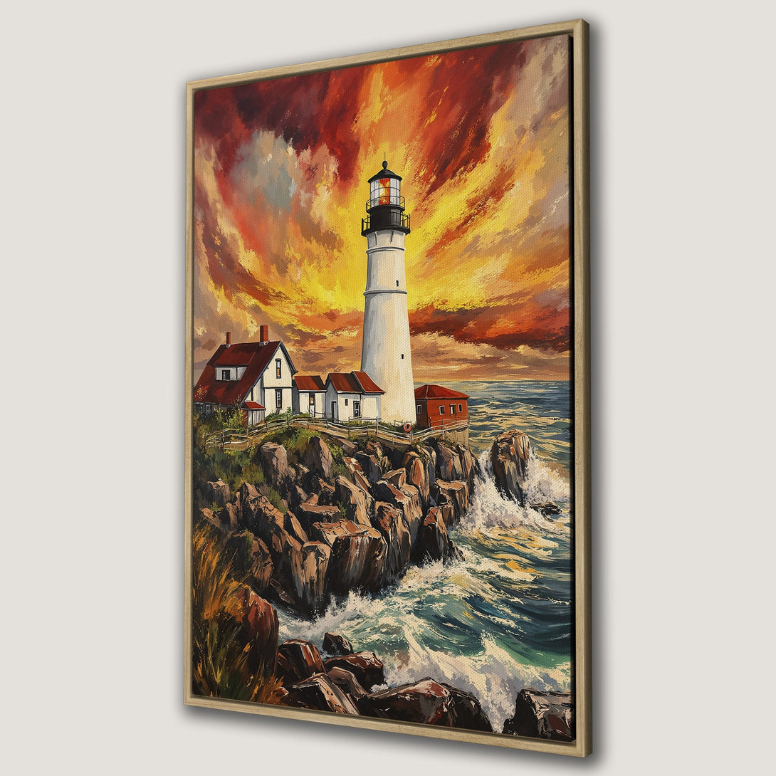 Framed Wall Art: Lighthouse painting with vibrant sunset sky. Coastal artwork in warm orange, red, and blue tones. Perfect for adding a touch of art to your space.