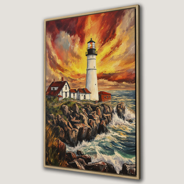 Framed Wall Art: Lighthouse painting with vibrant sunset sky. Coastal artwork in warm orange, red, and blue tones. Perfect for adding a touch of art to your space.