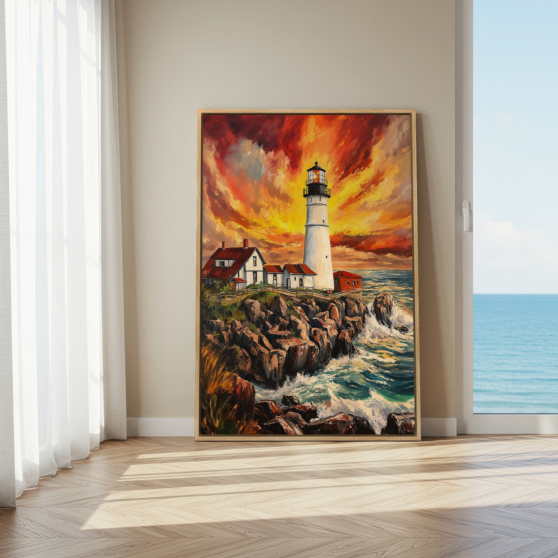 Stunning Framed Wall Art: Lighthouse painting with vibrant sunset colors. Coastal art for a warm, inviting interior. Perfect home decor piece!