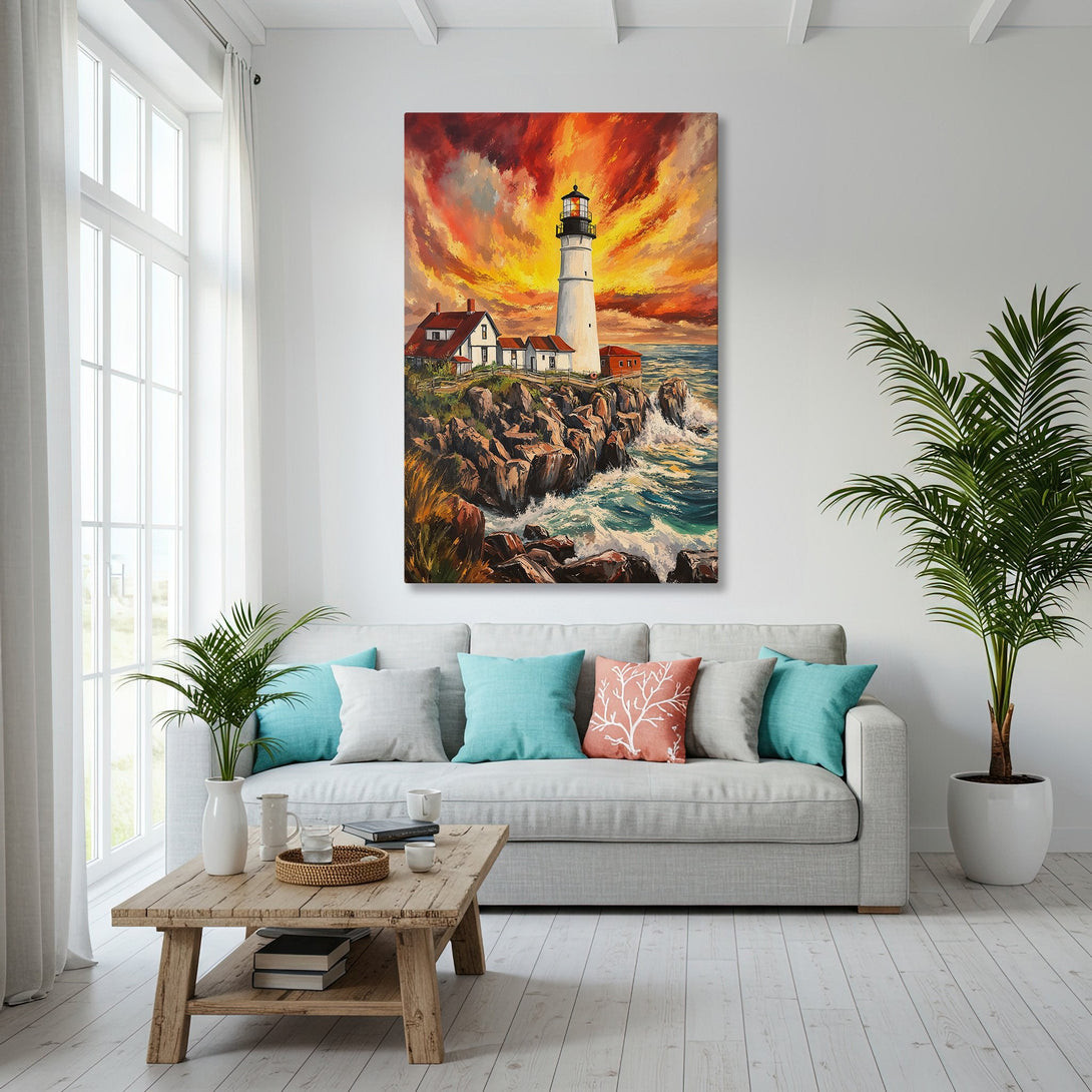 Framed Wall Art of a lighthouse at sunset in warm orange and red hues. Coastal painting style. Perfect for adding a touch of art to your home.