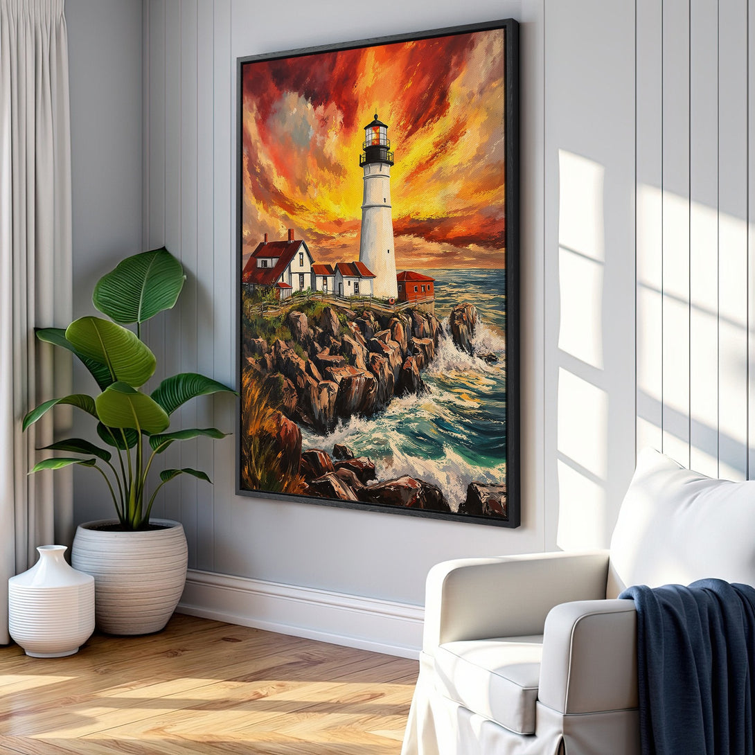 Framed Wall Art: Lighthouse painting with fiery sunset. Coastal art in vibrant orange, red, and blue hues. Perfect for adding warmth and style to your home.