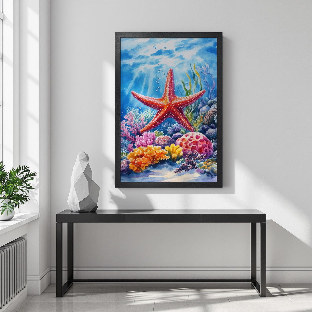 Framed Poster featuring a vibrant watercolor starfish & coral reef art. Blue, red, and orange color palette. Perfect ocean-themed decor.