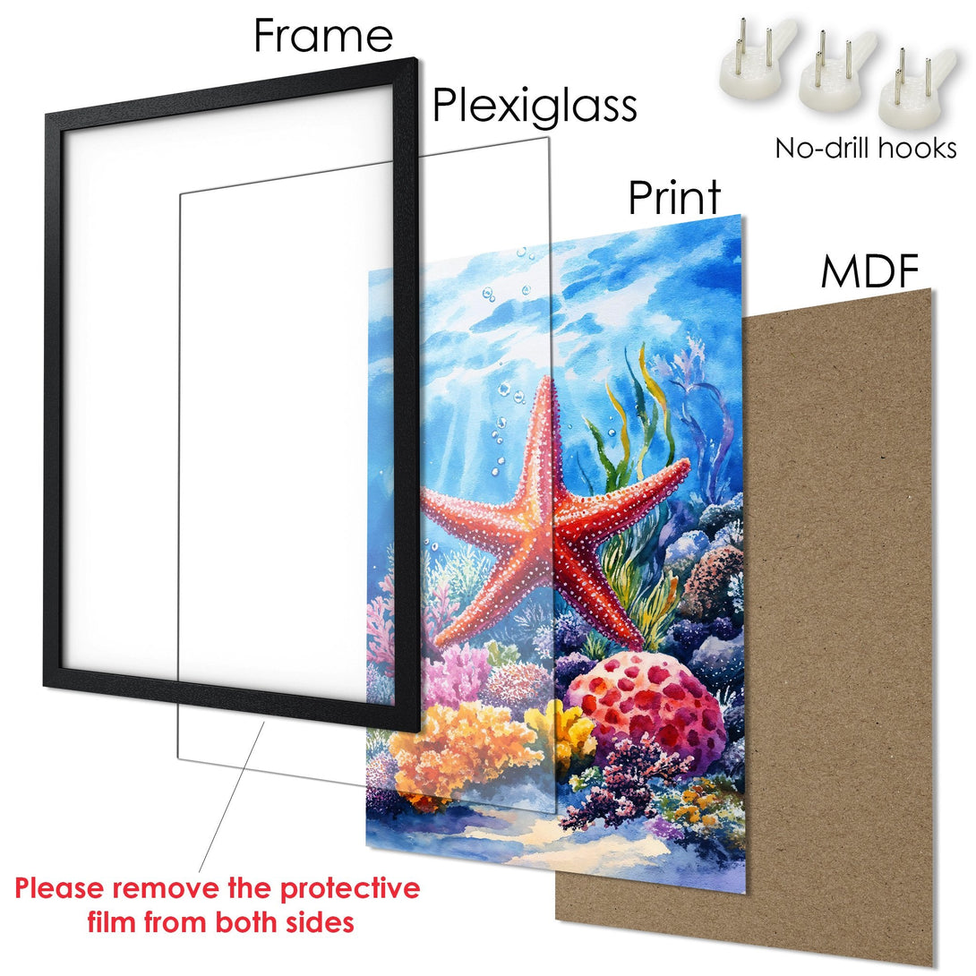 Framed Poster featuring a vibrant watercolor starfish scene with a blue, coral, and red color palette. Perfect ocean decor!