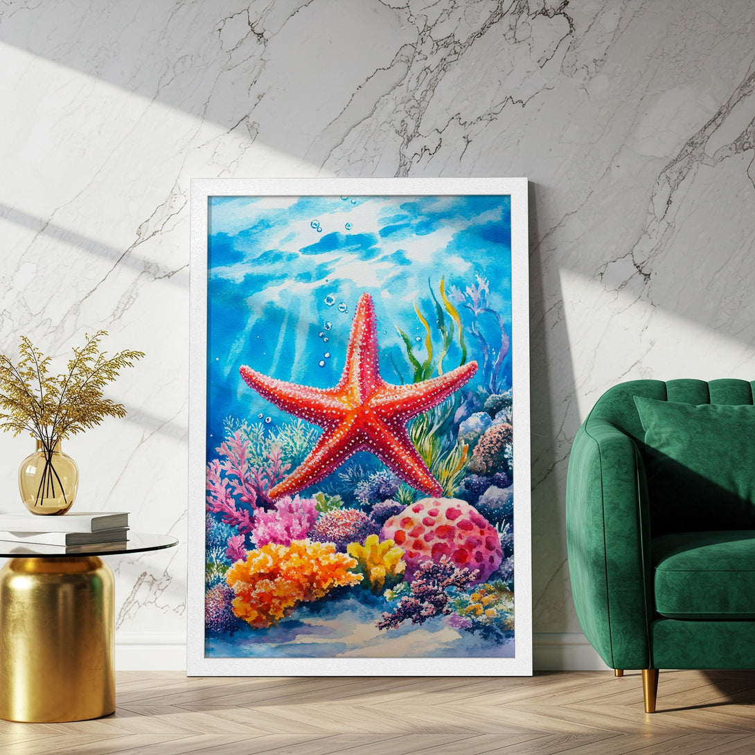 Framed Poster featuring a vibrant watercolor starfish and coral reef scene. Beautiful blues, reds, and oranges. Perfect wall art for your home.