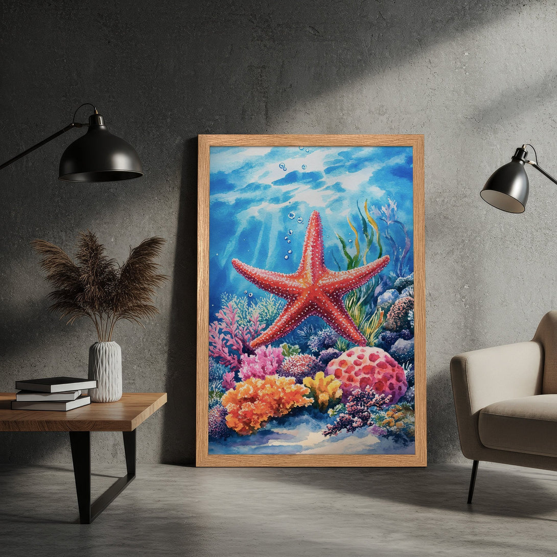 Framed Poster featuring a vibrant watercolor starfish and coral reef scene. Stunning blue, red, and coral color palette for coastal decor.