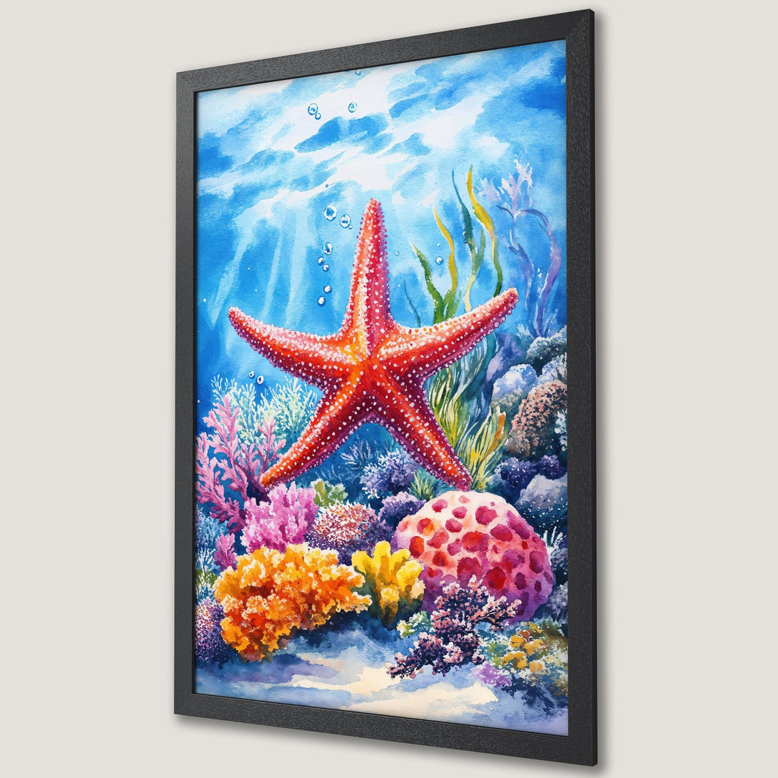 Framed Poster featuring a vibrant watercolor starfish and coral reef. Beautiful blue, red, and coral tones. Perfect ocean art for your home!