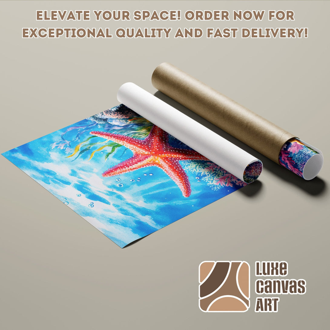 Vibrant starfish Poster Roll art in blue, red, and yellow. Elevate your space with fast delivery!