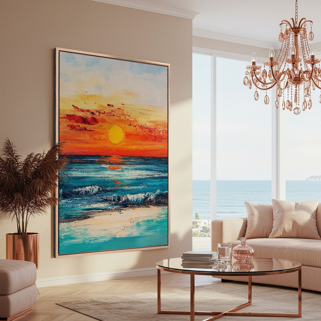 Framed Wall Art: Vibrant sunset seascape canvas print. Coastal art with bold orange, teal, and blue hues. Perfect for adding a pop of color to your living room.