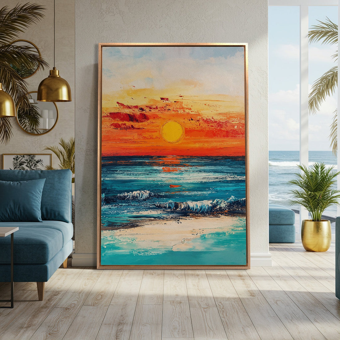 Framed Wall Art: Stunning sunset seascape canvas print with vibrant orange, blue, and yellow hues. Perfect coastal decor for a modern living room.