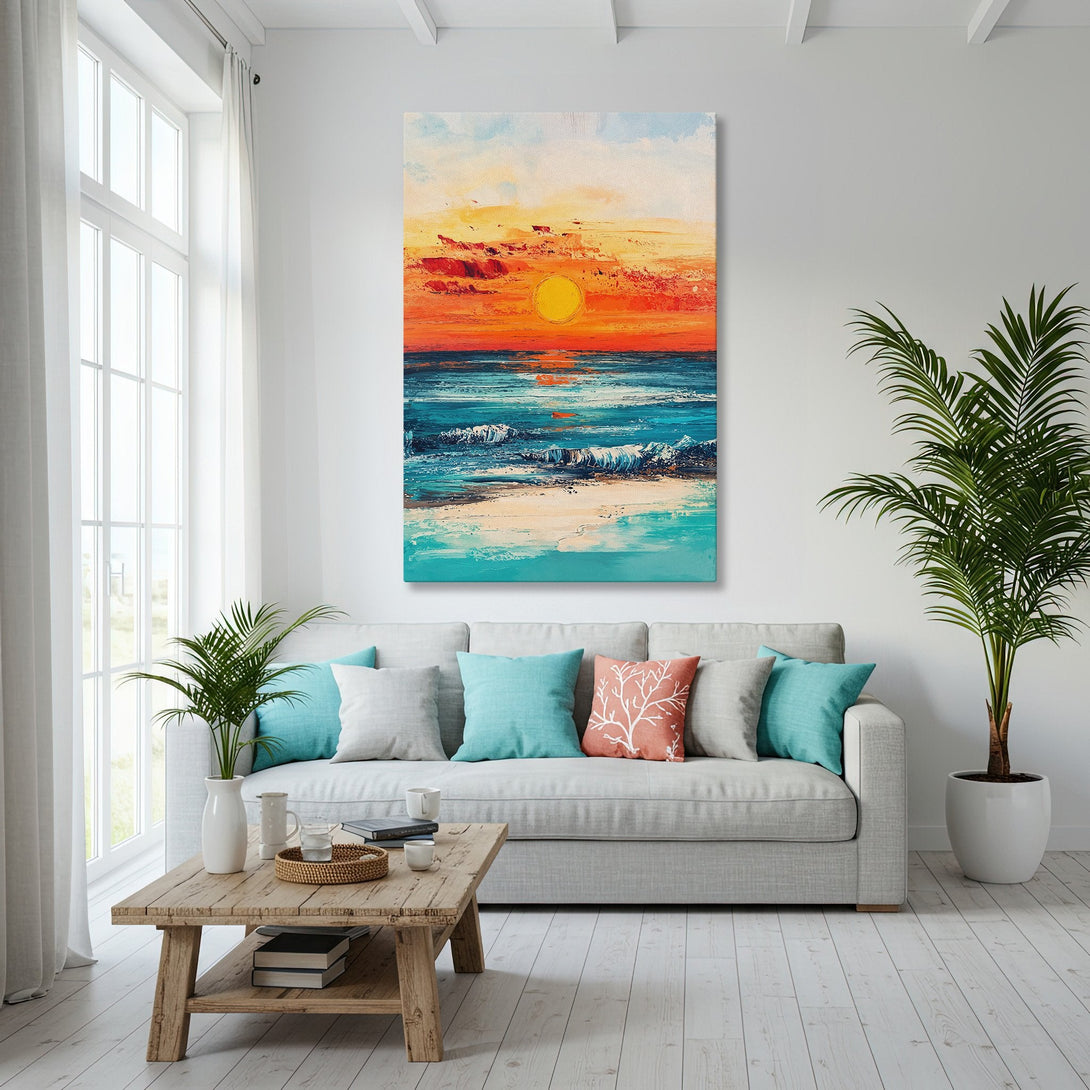 Framed Wall Art: Coastal sunset scene in orange and teal. Modern abstract style Canvas Print adds a pop of color to any living room.