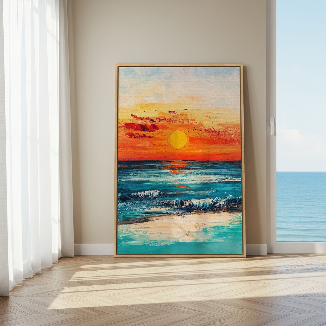 Framed Wall Art: Stunning sunset over ocean canvas print. Vibrant orange, blue, and yellow palette. Coastal art perfect for any room.