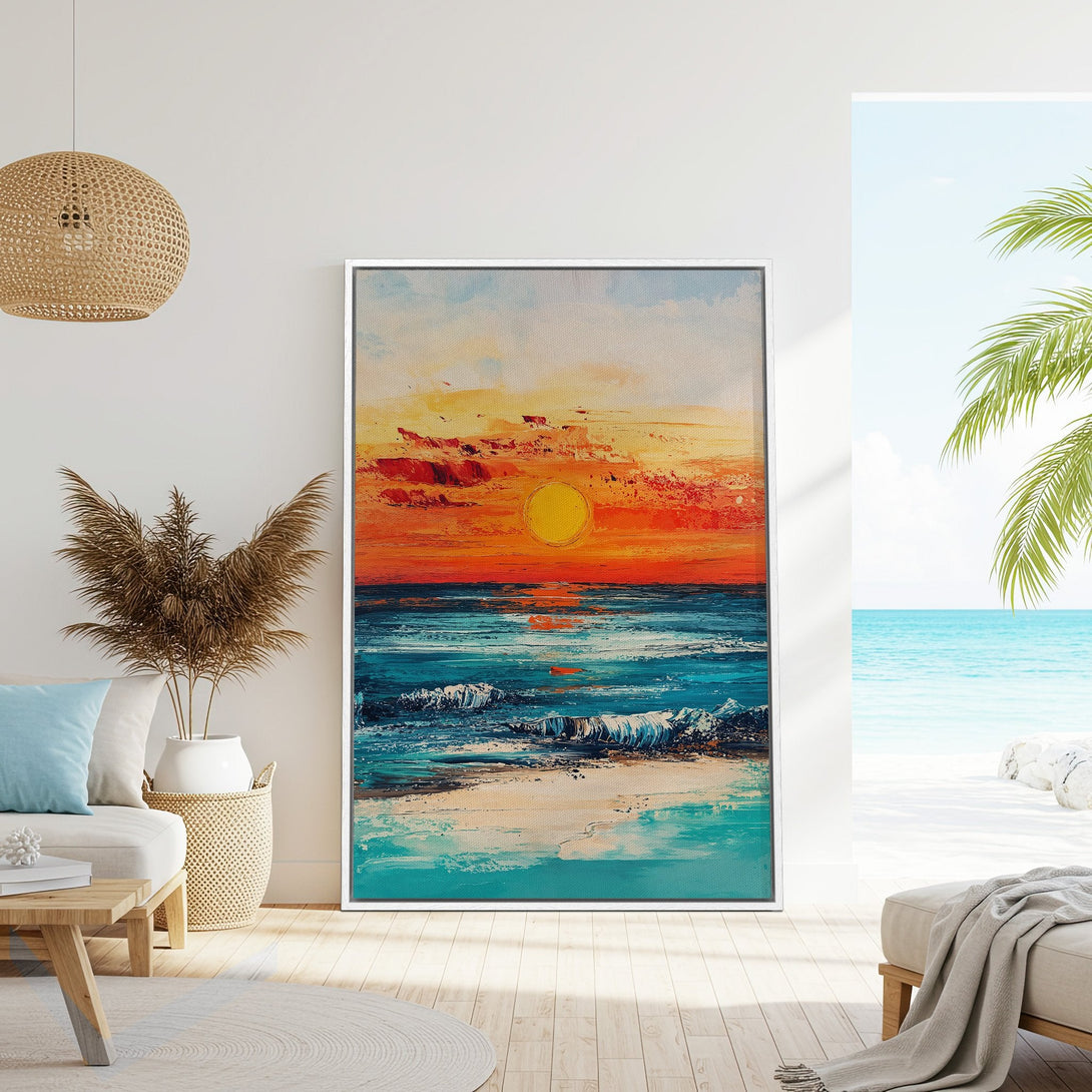 Framed Wall Art: Vibrant sunset beach scene in orange, blue, and turquoise. Modern canvas print adds coastal vibes to any interior. Shop now!