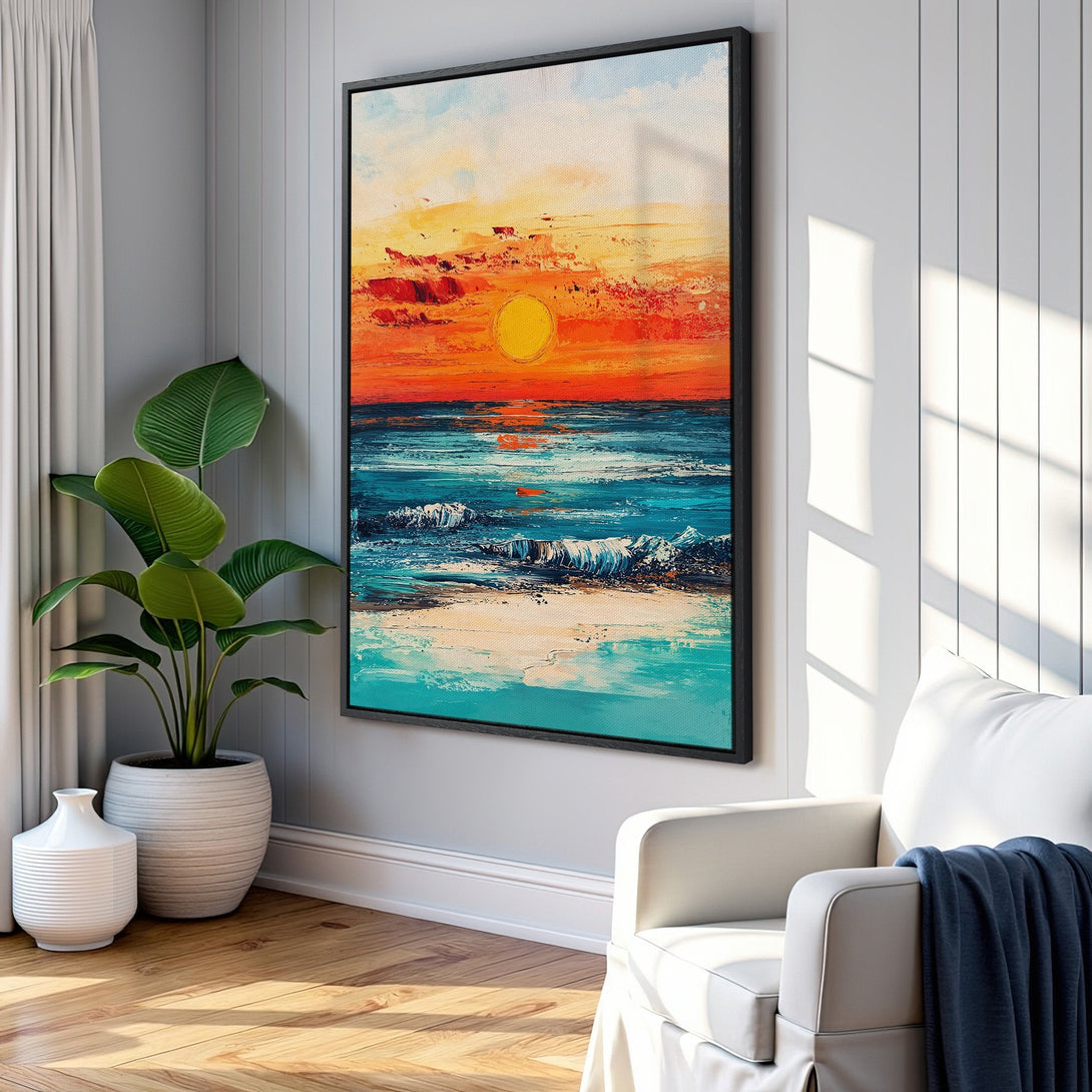 Framed Wall Art: Stunning sunset over the ocean canvas print. Vibrant orange, blue, and yellow palette. Perfect coastal decor to brighten any space.