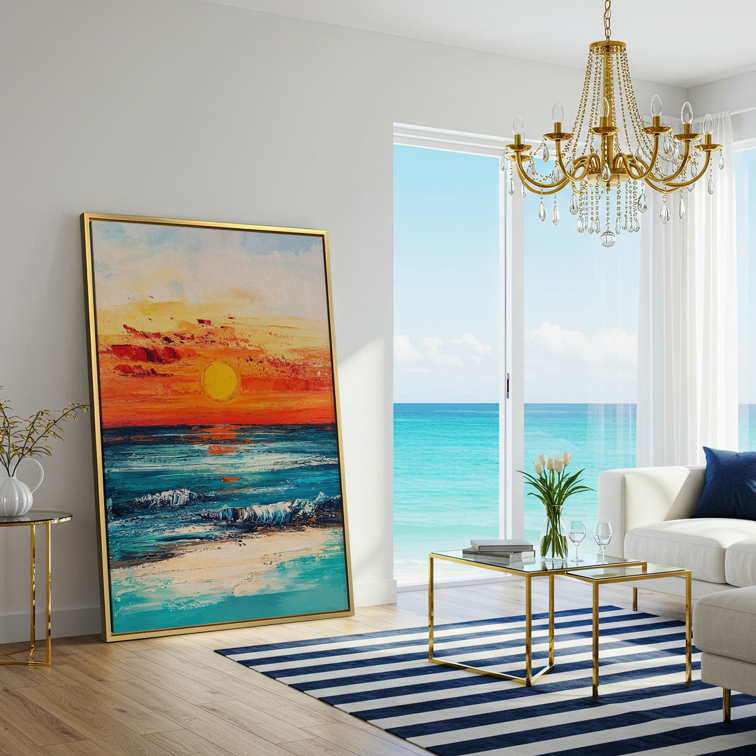 Vibrant Canvas Print of a sunset over the ocean, displayed in a modern living room. Features warm orange, blue, and turquoise hues. Perfect coastal wall art.