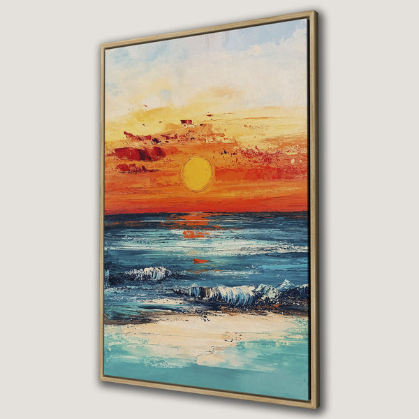 Framed Wall Art: Sunset over ocean canvas print. Impressionistic style with vibrant orange, blue, and yellow hues. Perfect coastal decor for living room or bedroom.