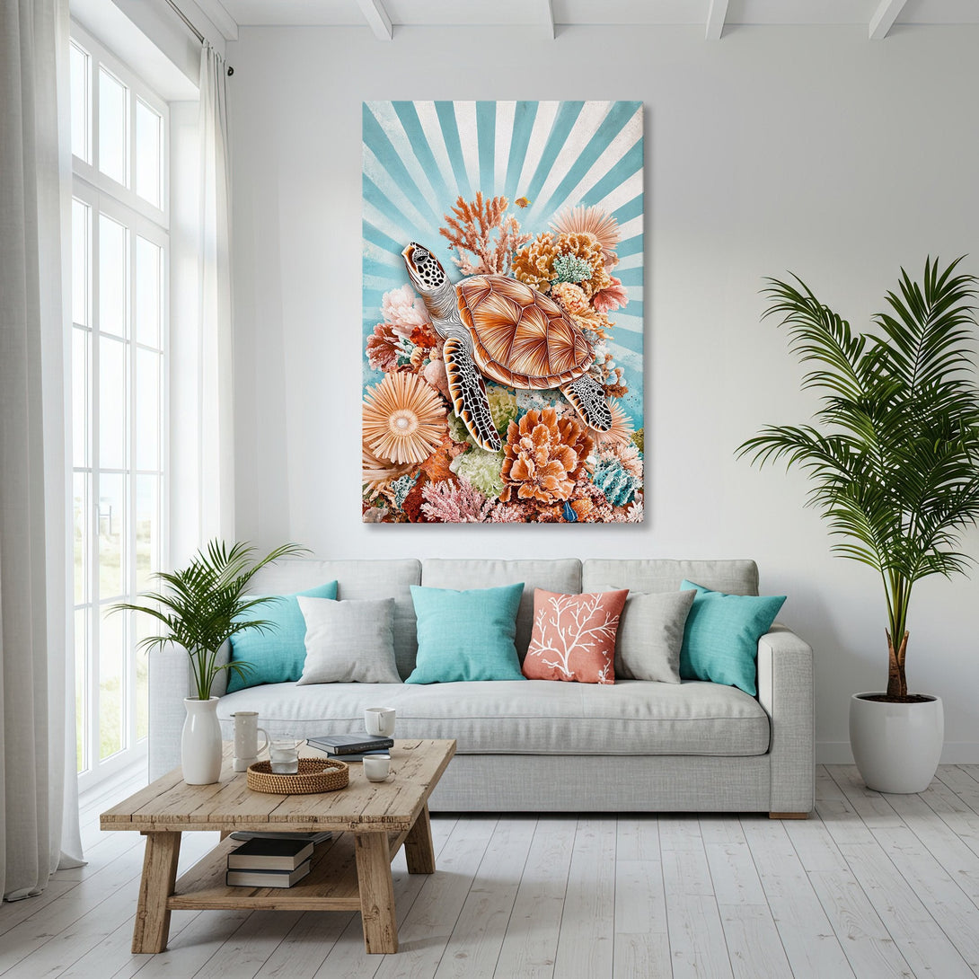 Framed Wall Art: Coastal turtle print in a gold frame, featuring a vibrant coral reef scene with a blue and orange color palette. Adds beachy vibes to any space!
