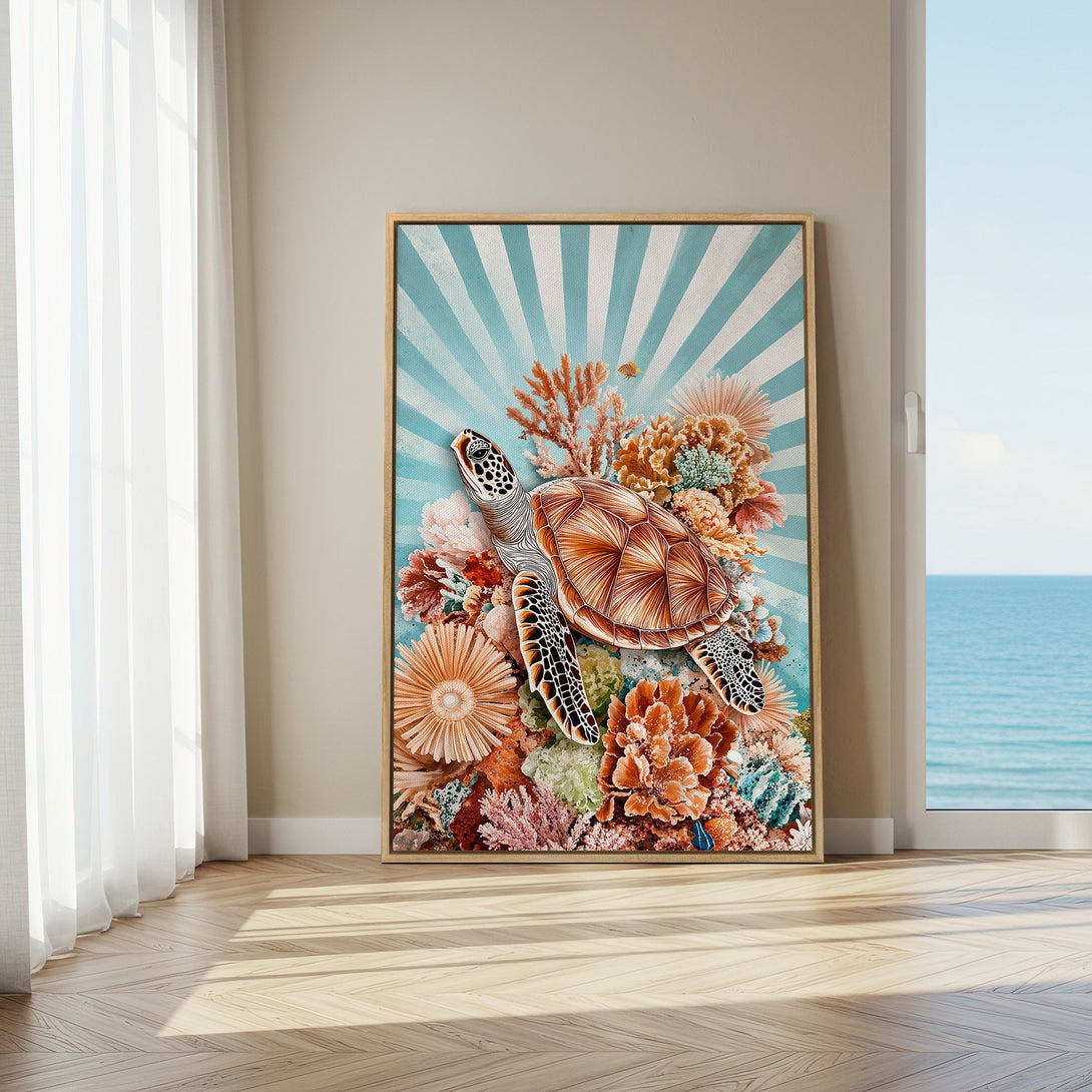 Framed Wall Art featuring a sea turtle in coral reef with a blue and orange color palette, perfect for coastal decor.